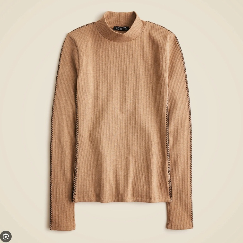 J. Crew Premium Rib Turtleneck in Heather Camel Tan with Whipstitch Trim.